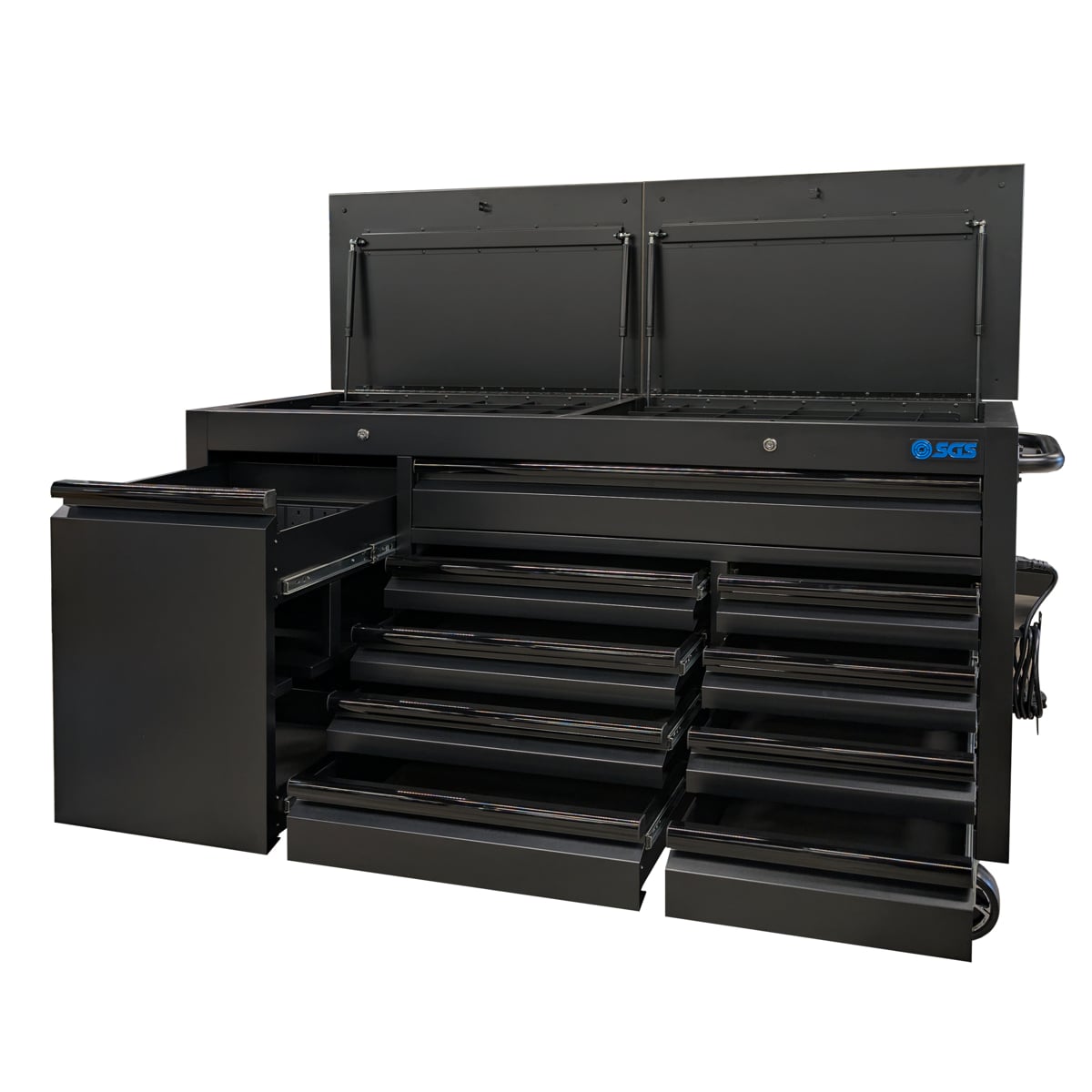 SGS 61in 9 Drawer Tool Chest | Split Stainless Steel Lift-Up Worktop | Black